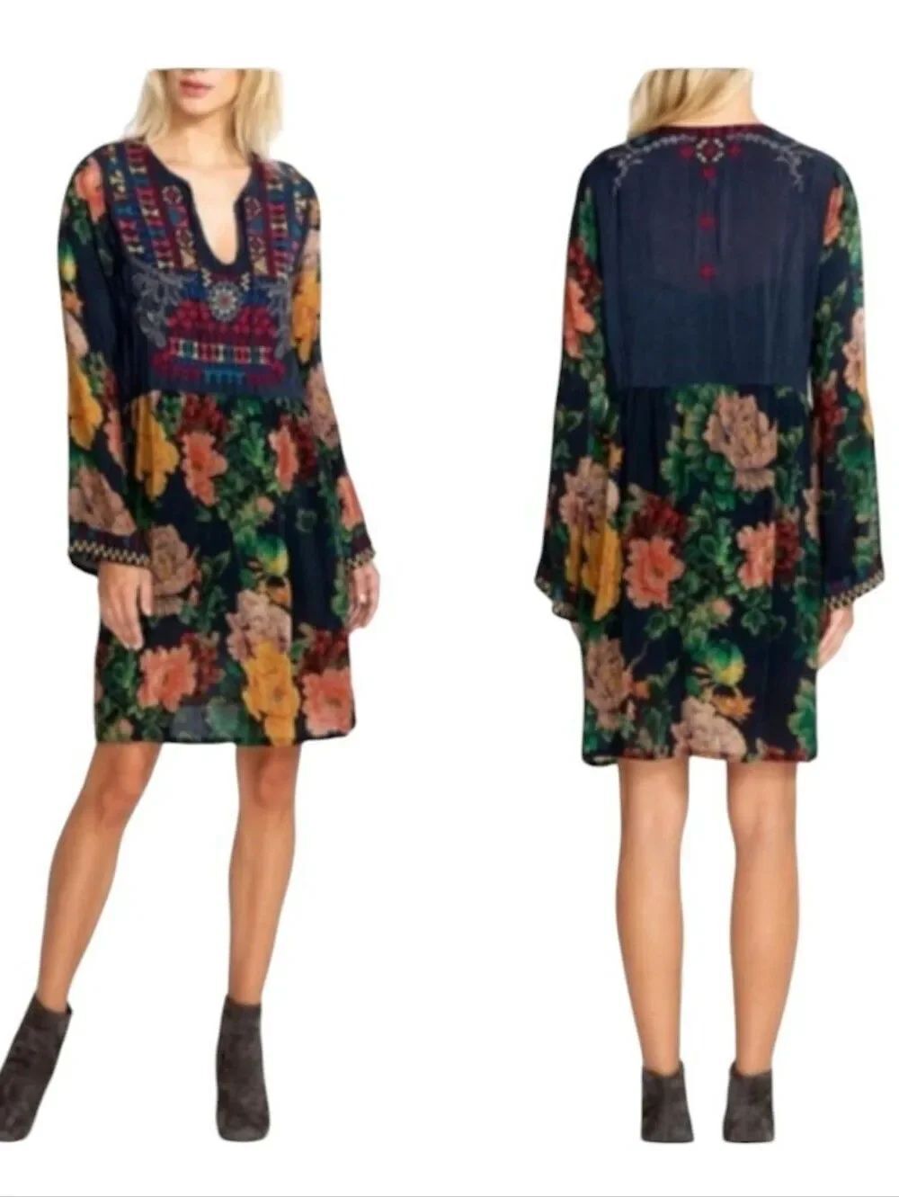 Johnny Was Bayani Geo Tunic Embroidered Dress Long Sleeve Multicolor Floral M